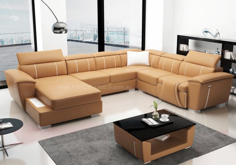 Fancy Homes Apollo Recliner Modular Leather Sofa in Beige and White Leather