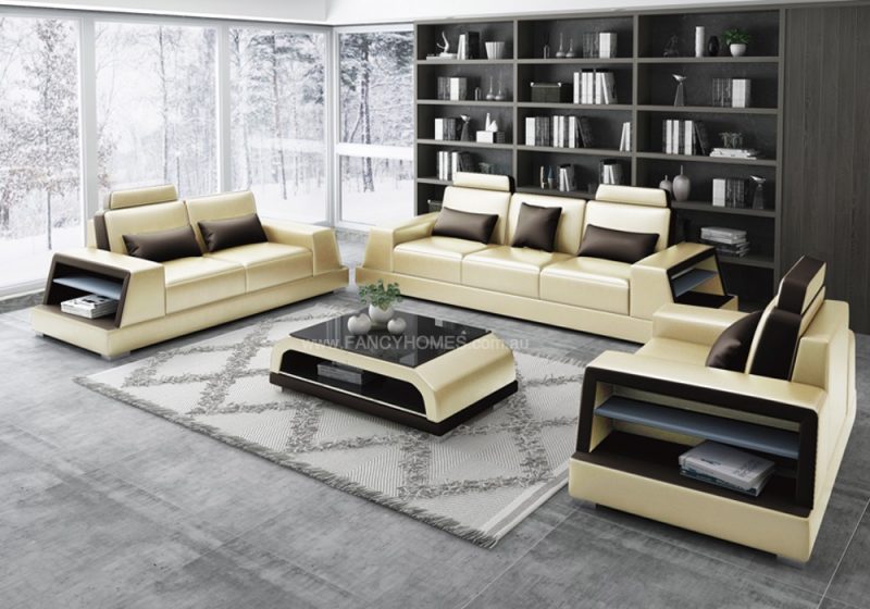 Fancy Homes Beverly-D Lounges Suites Leather Sofa in Beige and Brown Leather