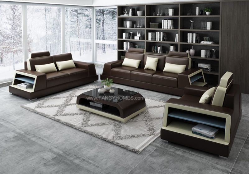 Fancy Homes Beverly-D Lounges Suites Leather Sofa in Brown and Beige Leather