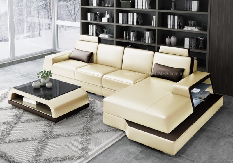 Fancy Homes Beverly-C Chaise Leather Sofa in Beige and Brown Leather