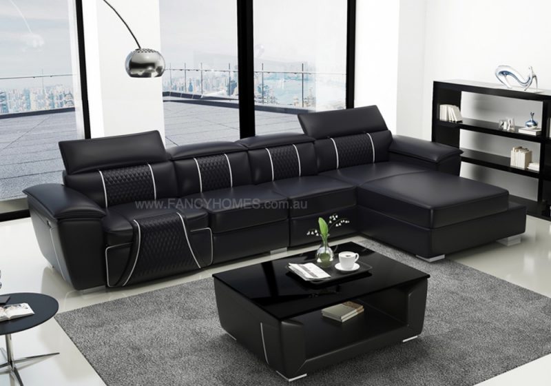 Fancy Homes Apollo-C Recliner Chaise Leather Sofa in Black and White Leather