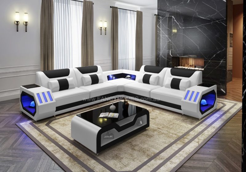 Fancy Homes Razzo-B Corner Leather Sofa in White and Black Leather