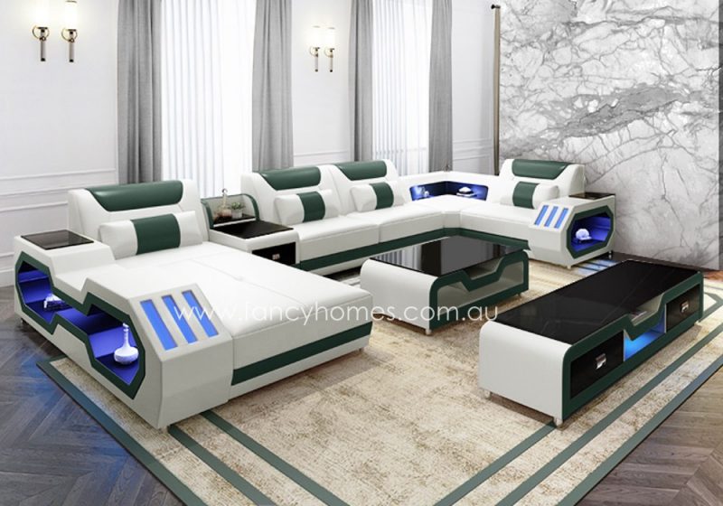 Fancy Homes Razzo modular leather sofa in white and green leather