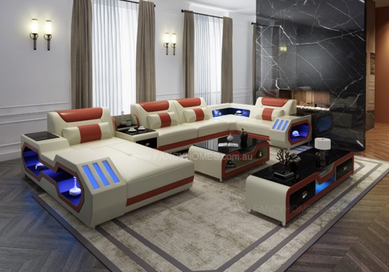 Fancy Homes Razzo Modular Leather Sofa in White and Orange Leather