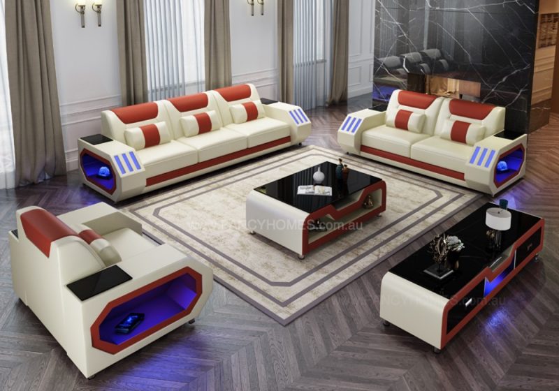 Fancy Homes Razzo-D Lounges Suites Leather Sofa in Creamy White and Red Leather