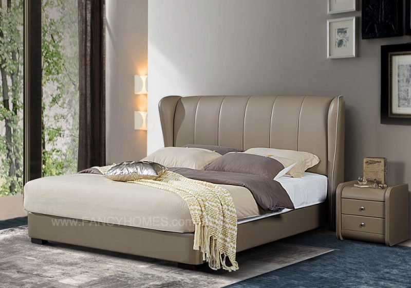 Fancy Homes Caroline Contemporary Leather Bed Frame, Leather Beds in Beige with Pure White Pipings