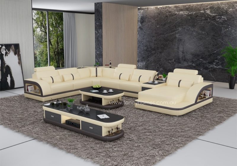 Fancy Homes Gianni modular leather sofa in beige and brown leather