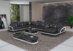 Fancy Homes Gianni modular leather sofa in black and white featured with storage armrests and middle table in black and white leather