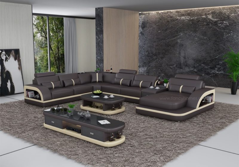 Fancy Homes Gianni modular leather sofa in brown and beige leather