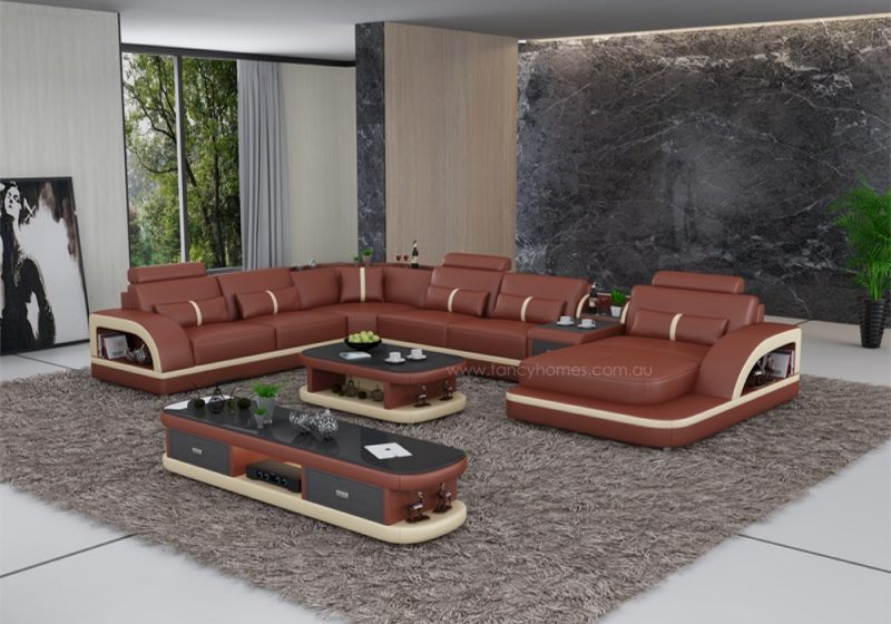 Fancy Homes Gianni modular leather sofa in dark red and beige leather