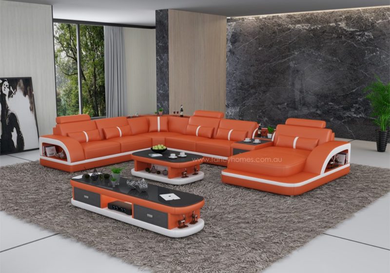 Fancy Homes Gianni modular leather sofa in orange and white leather