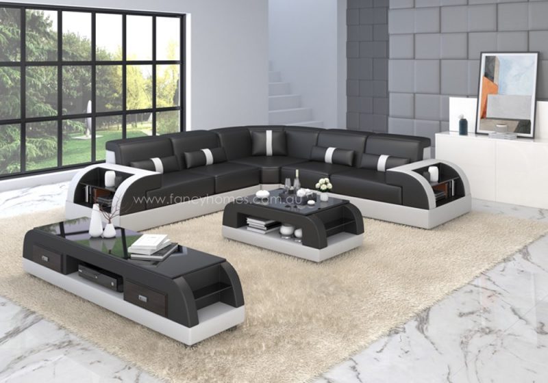 Fancy Homes Arco-B corner leather sofa in black and white leather