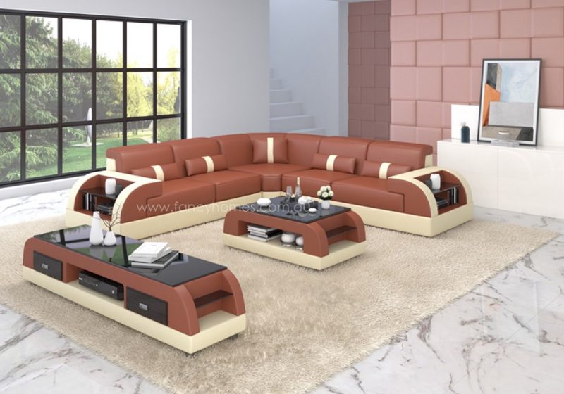 Fancy Homes Arco-B corner leather sofa in dark red and beige leather