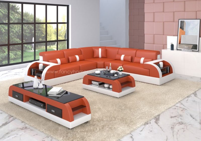 Fancy Homes Arco-B corner leather sofa in orange and white leather