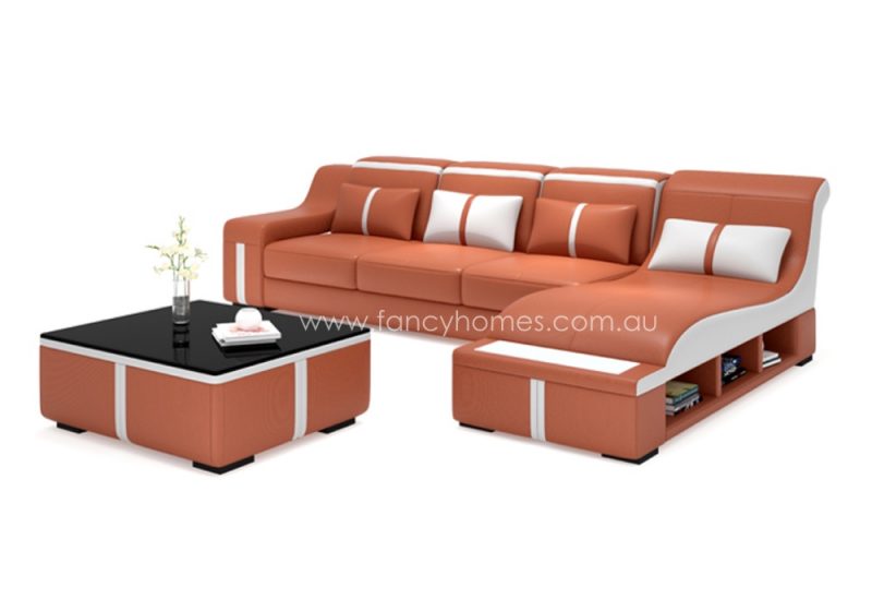 Fancy Homes Gabriel-C chaise leather sofa in orange and white leather