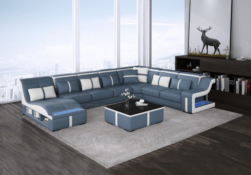 Fancy Homes Gabriel modular leather sofa in blue and white leather