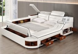 Fancy Homes Karina multifunctional Italian leather bed frame features storages, adjustable headrests, digital safe, bluetooth speakers, USB charger, lamp and music system. It also comes with a massage chaise for you to relax.