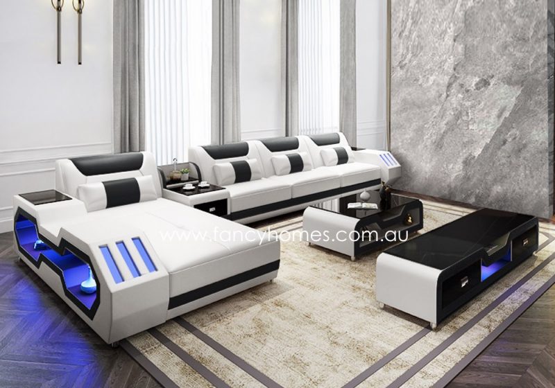 Fancy Homes Razzo-C chaise leather sofa in white and black leather