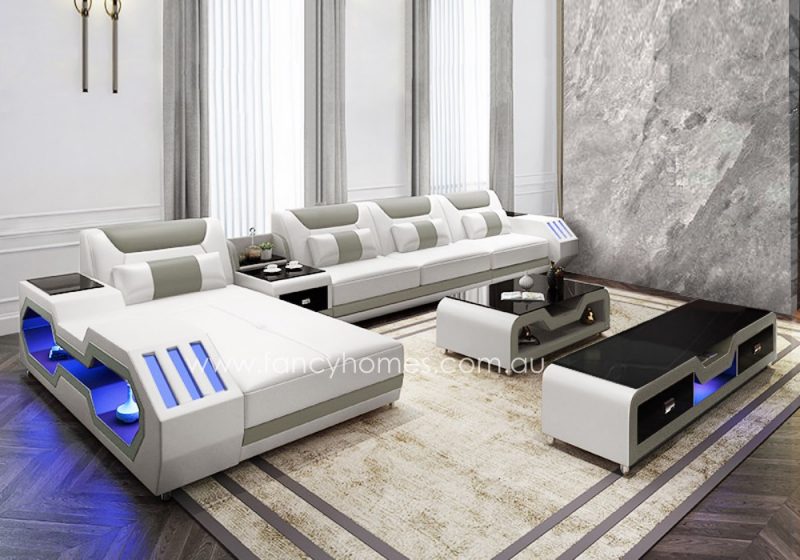 Fancy Homes Razzo-C chaise leather sofa in white and grey leather