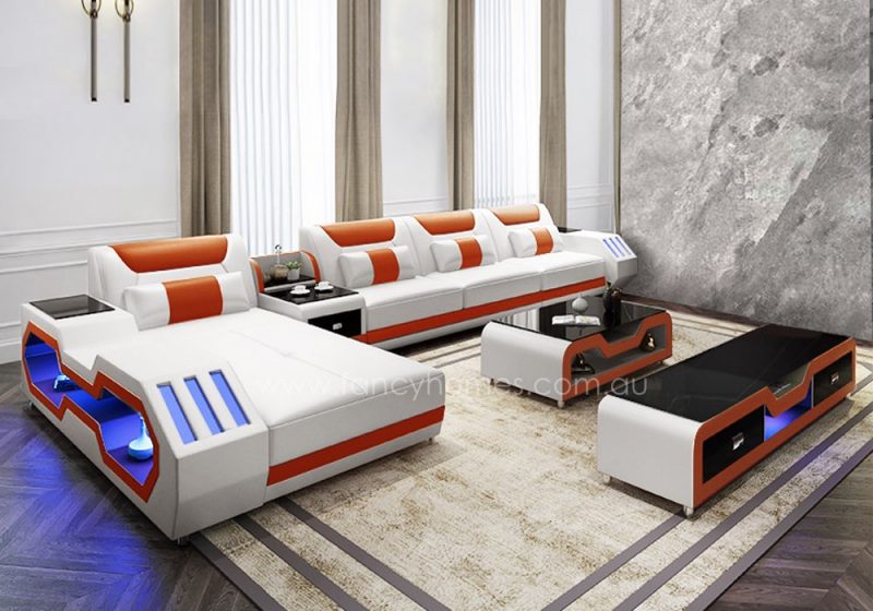 Fancy Homes Razzo-C chaise leather sofa in white and orange leather