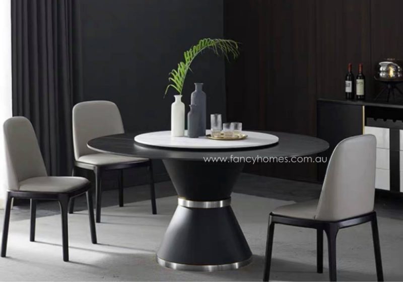 Fancy Homes Cleo Round Sintered Stone Dining Table Silver Rings With Lazy Susan