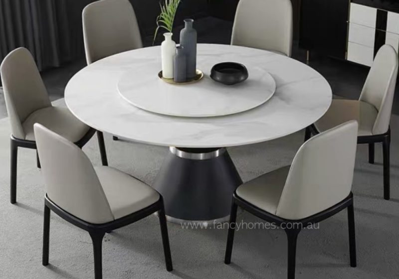 Fancy Homes Cleo Round Sintered Stone Dining Table Silver Rings