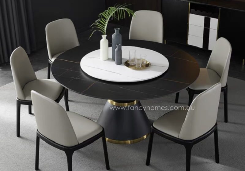 Fancy Homes Cleo Round Sintered Stone Dining Table Black Gold and White Gold