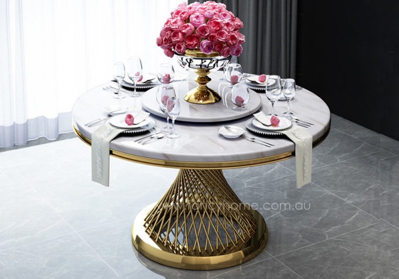 Fancy Homes Fiamma round marble top dining set table details