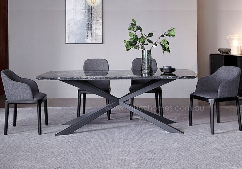 Fancy Homes Waverly marble top dining table featuring carbon steel legs