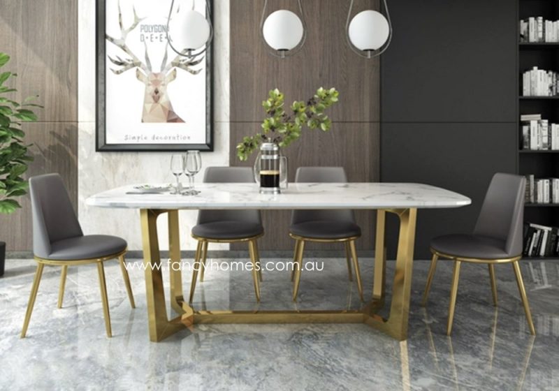 Fancy Homes Jacob Marble Top Dining Table with Gold Stainless Steel Base Front