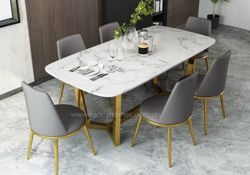 Fancy Homes Jacob Marble Top Dining Table with Gold Stainless Steel Base Top