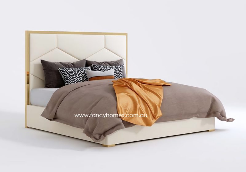 Fancy Homes Blanca Contemporary Leather Bed Gold Trim on Bed Head in Queen and King Size