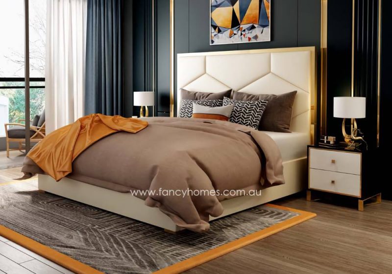 Fancy Homes Blanca Contemporary Leather Bed Frame Gold Trim on Bed Head in Queen and King Size