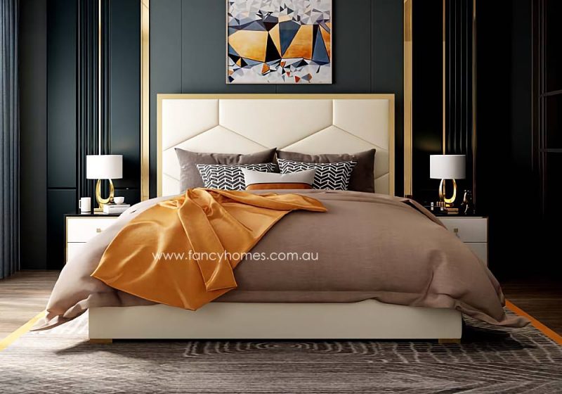 Fancy Homes Blanca Contemporary Leather Bed Frame Front Gold Trim on Bed Head in Queen and King Size