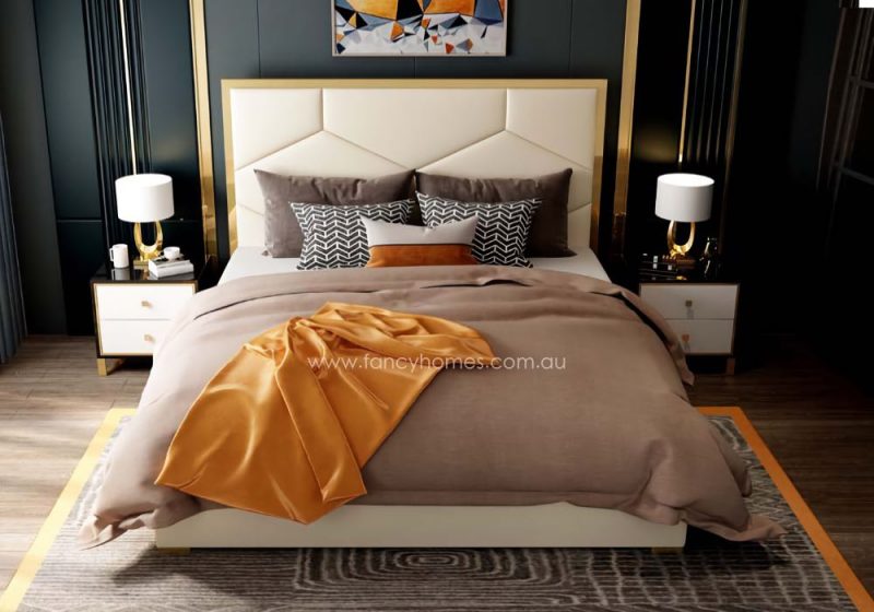 Fancy Homes Blanca Contemporary Leather Bed Frame Top Gold Trim on Bed Head in Queen and King Size
