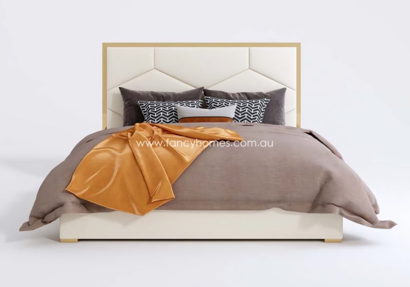 Fancy Homes Blanca Contemporary Leather Bed Front Gold Trim on Bed Head in Queen and King Size