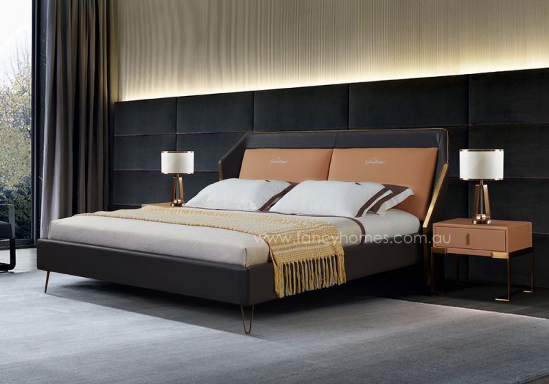 Fancy Homes Sibyl Italian leather bed frame features stainless steel details adding a touch of elegance