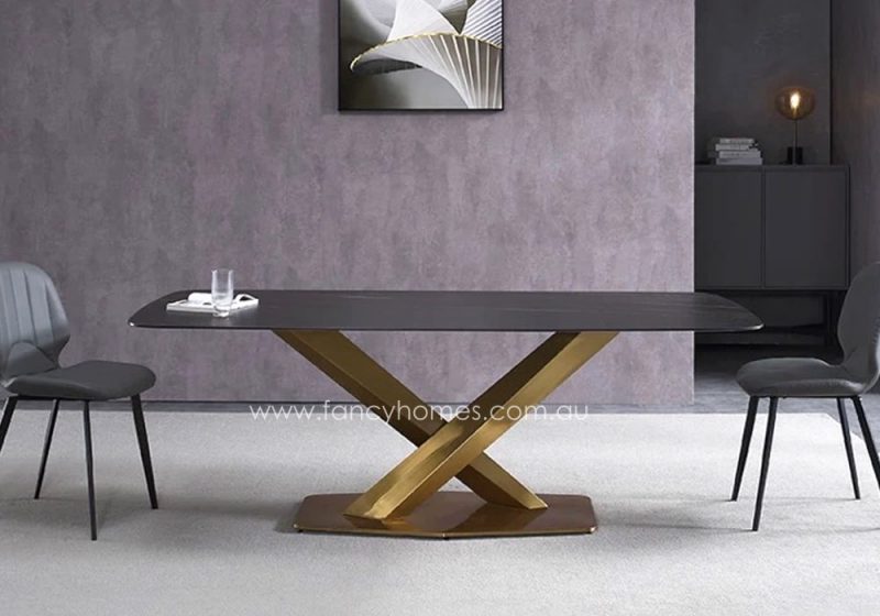 Rocco Black Sintered Stone Dining Table with Gold Stainless Steel Base