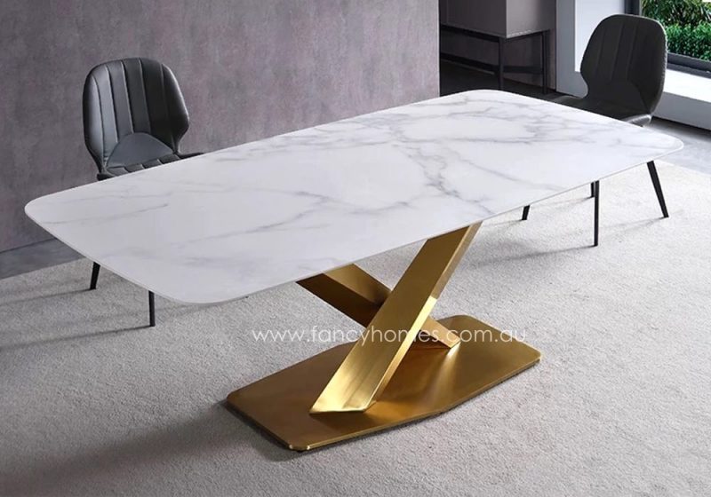Fancy Homes Rocco Marble Top Dining Table with Gold Stainless Steel Base