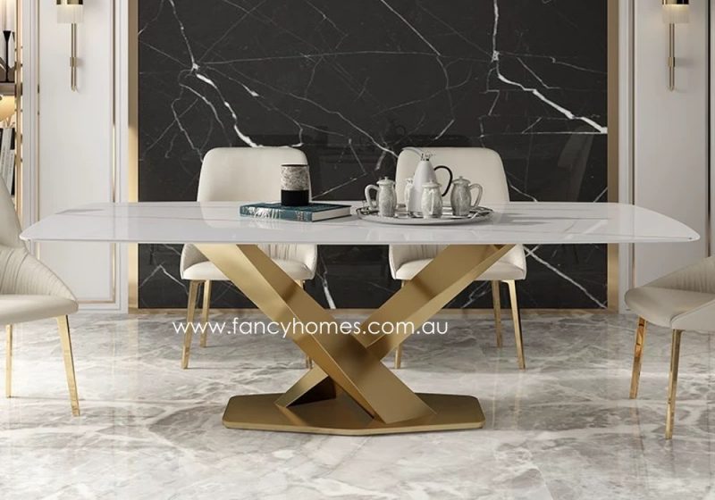 Fancy Homes White Sintered Stone Dining Table with Gold Stainless Steel Base Front