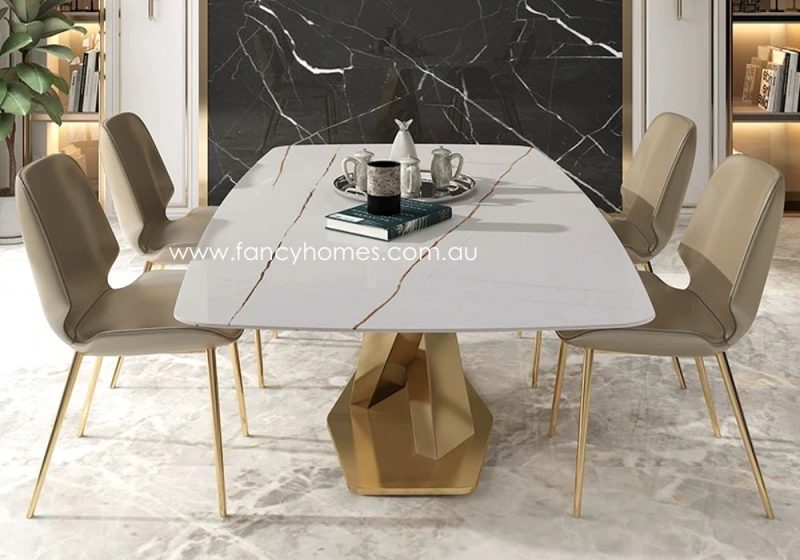 Fancy Homes Rocco White Sintered Stone Dining Table with Gold Stainless Steel Base Side