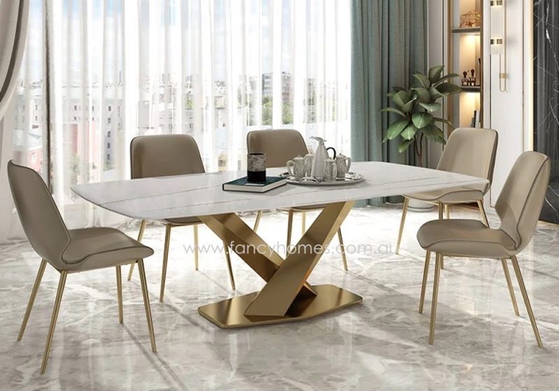Fancy Homes Rocco White Sintered Stone Dining Table with Gold Stainless Steel Base