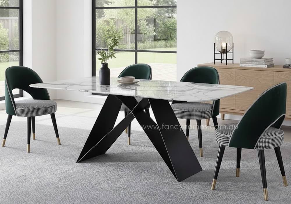 Vince Marble Top Dining Table White Top Fancy Homes Vince marble dining table featuring a white marble top and geometric black metal base, with Fancy Homes Chloe dining chairs in a contemporary Australian dining space.
