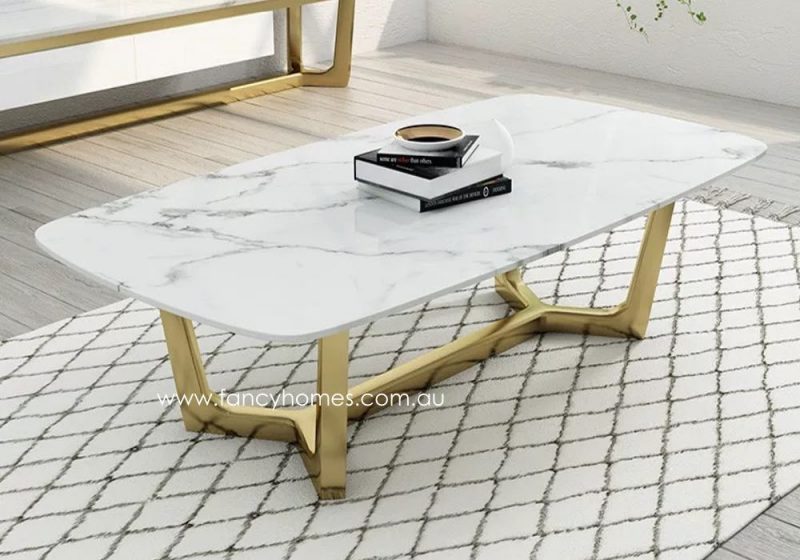 Fancy Homes Jacob Marble Top Coffee Table with Gold Stainless Steel Bsse