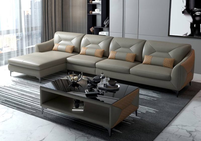 Fancy Homes Brooklyn-C Chaise Leather Sofa Beige and Sand