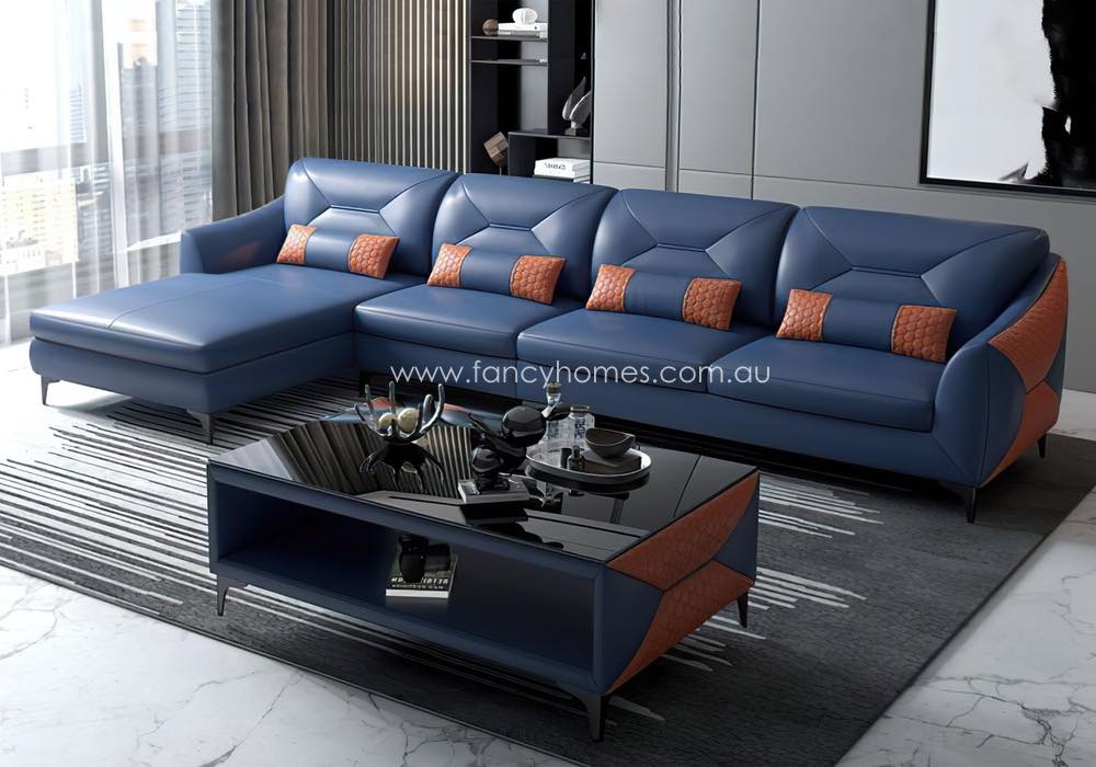 Contemporary Chaise Leather Sofa, Blue Leather Sofa With Chaise