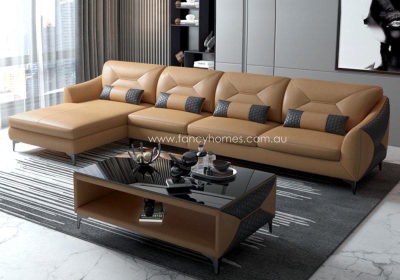 Fancy Homes Brooklyn-C Chaise Leather Sofa Sand and Dark Grey