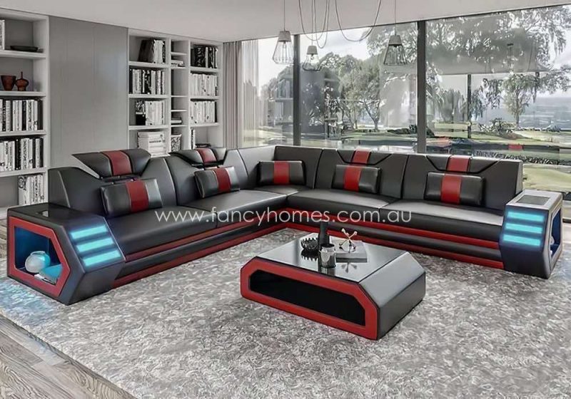 Fancy Homes Skylar-B Corner Leather Sofa Black and Red