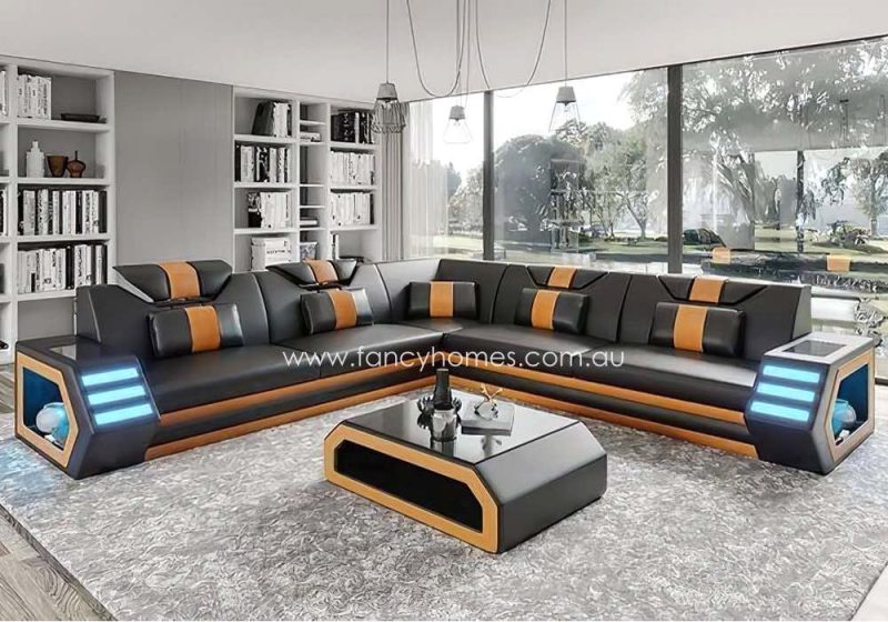 Fancy Homes Skylar-B Corner Leather Sofa Black and Sand