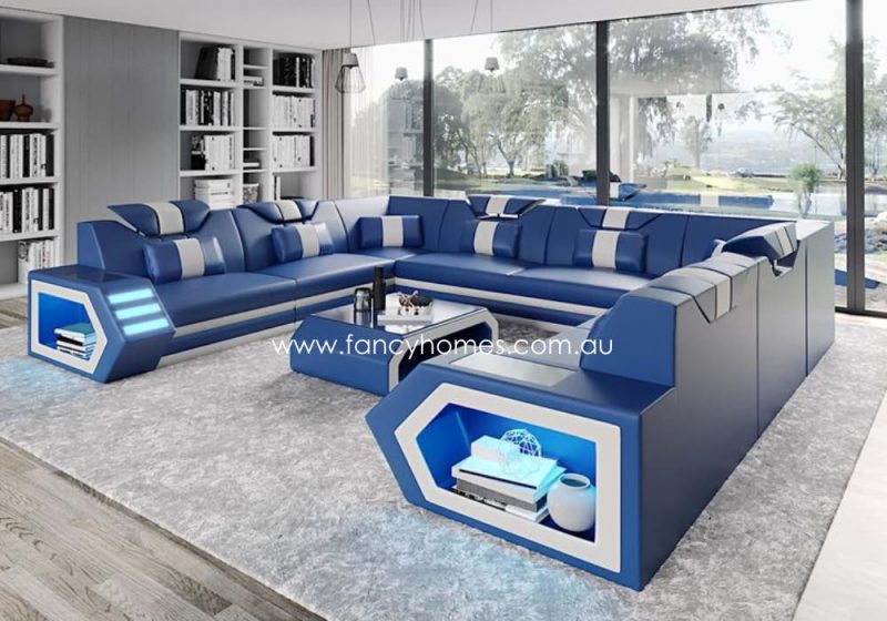 Fancy Homes Skylar-F Modular Leather Sofa Blue and White